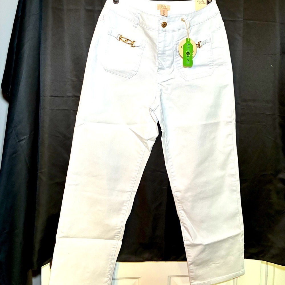 Camila Coelho White Straight Ankle Jeans with Gold Chain Detail - Size 8 NWT